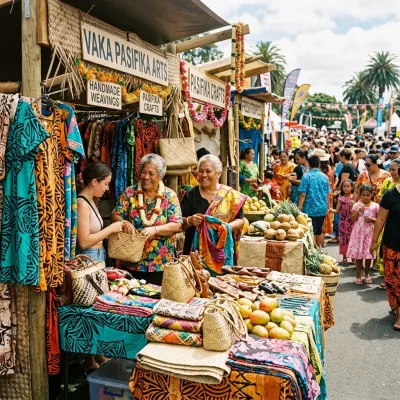 Crowds exploring colorful village market stalls and cultural performances at the outdoor Pasifika Festival.