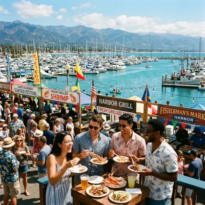 People enjoying fresh seafood at outdoor booths along the Santa Barbara Harbor waterfront