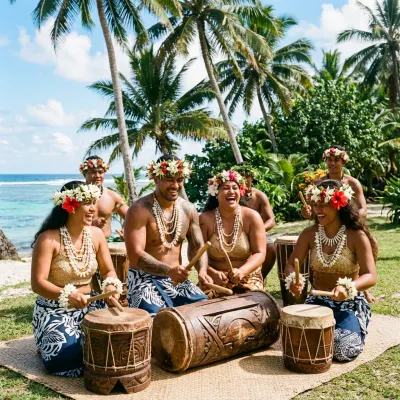 Cook Islands drummers and performers in traditional floral leis playing wooden drums under sunny skies.