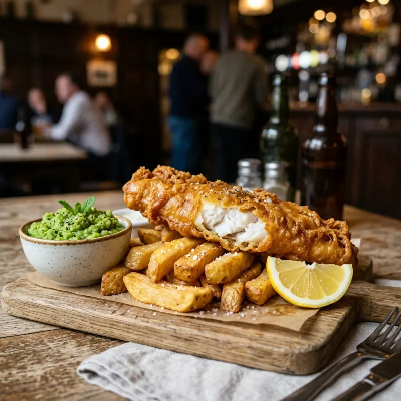 Traditional British Fish and Chips with mushy peas