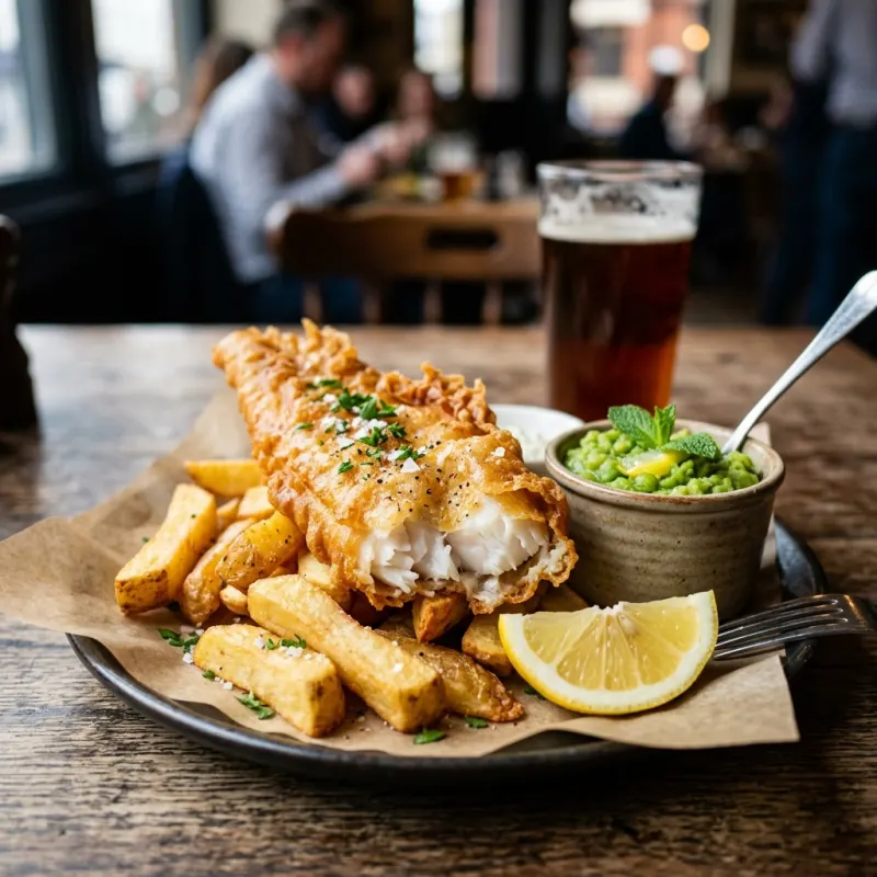 Traditional British Fish and Chips with mushy peas
