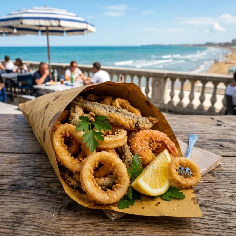 A portion of crispy Fritto Misto di Pesce with lemon wedges