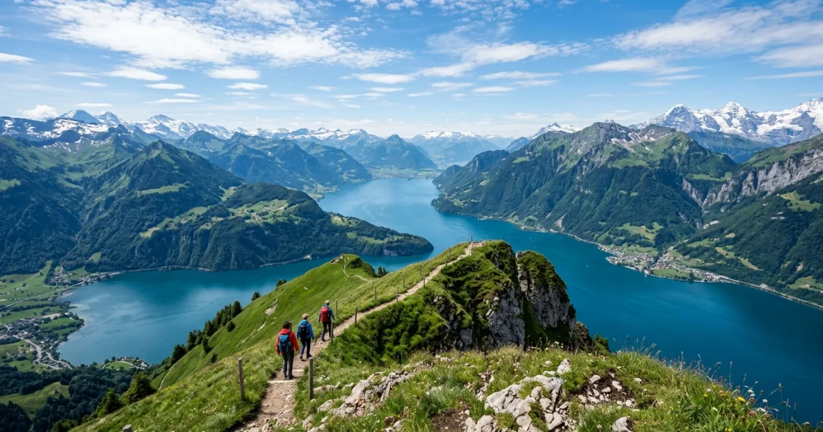 Panoramic view of Lake Lucerne and the Swiss Alps from Fronalpstock Peak