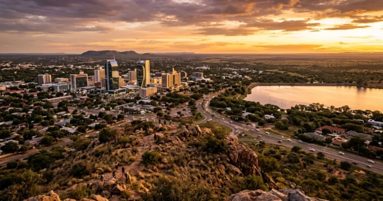 Gaborone 5 Panoramic view of Gaborone city skyline from Kgale Hill at sunset