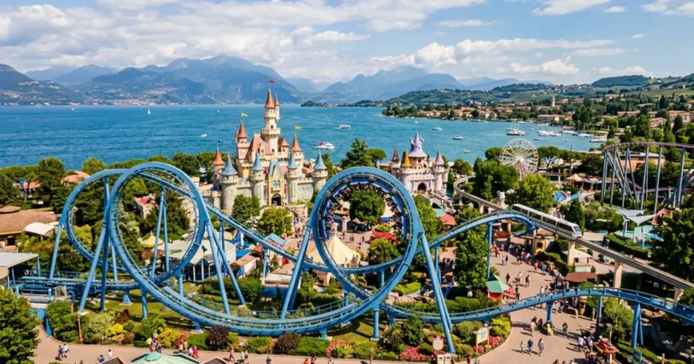 Gardaland Resort 3 Wide view of Gardaland Resort featuring roller coasters and themed areas
