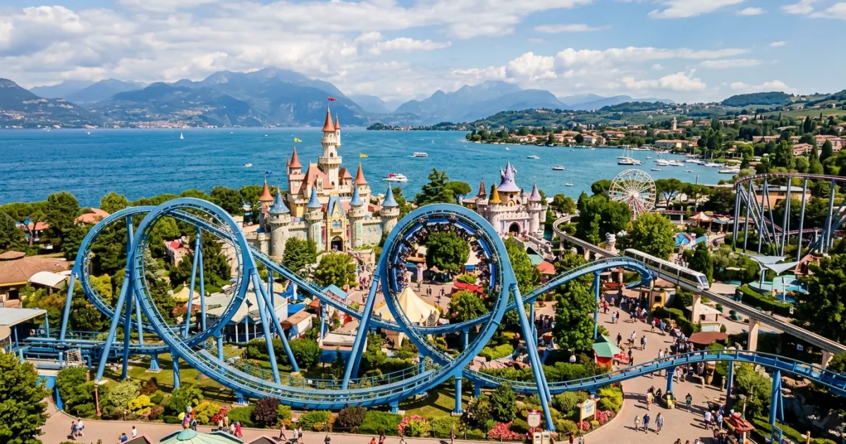 Wide view of Gardaland Resort featuring roller coasters and themed areas