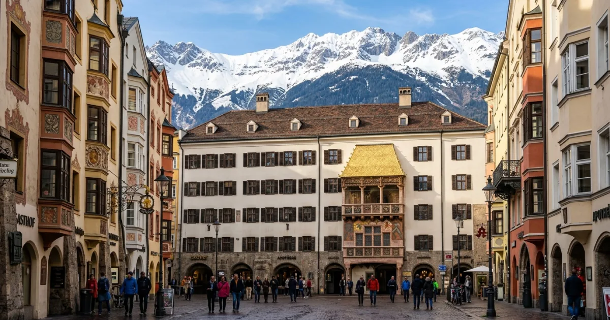 The Golden Roof in Innsbruck with the Nordkette mountains in the background