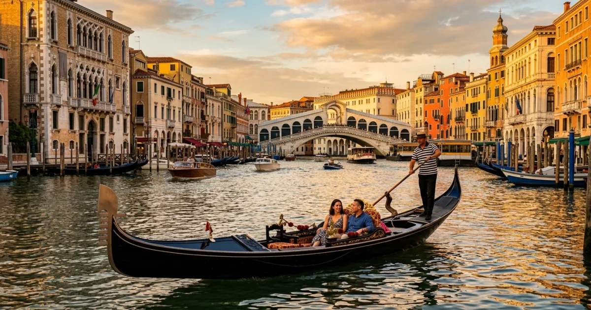 Travel Guides 6 Traditional gondola on the Grand Canal in Venice during golden hour