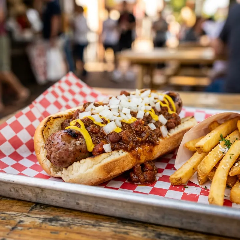 A traditional Washington D.C. half-smoke covered in chili and onions