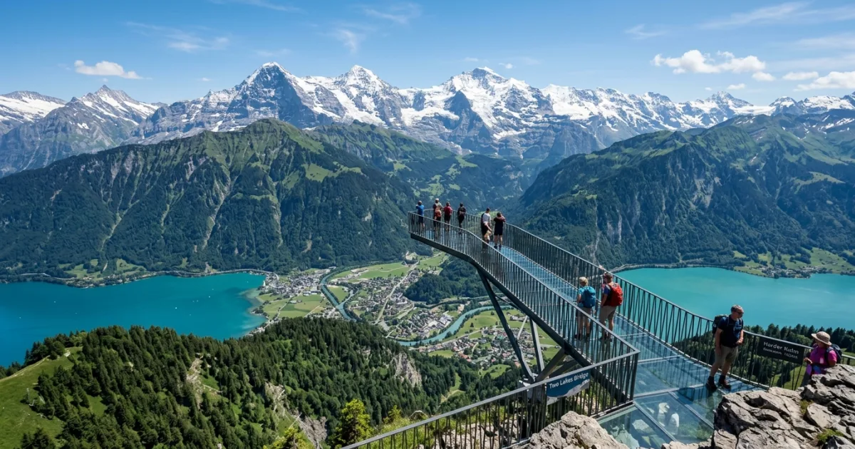Panoramic view from Harder Kulm overlooking Interlaken, the lakes, and the Swiss Alps
