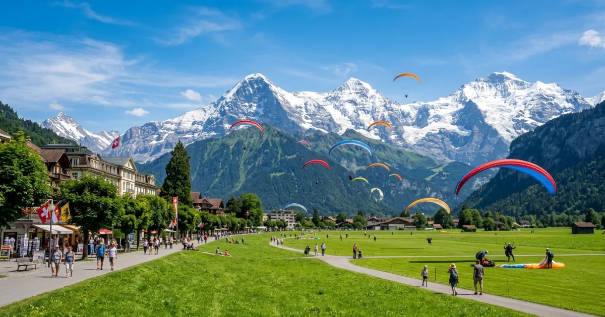 Colorful paragliders landing in Hohematte Park with the Jungfrau mountain in the background