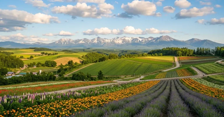 Hokkaido 7 Vibrant rolling flower fields in Hokkaido with a mountain in the background
