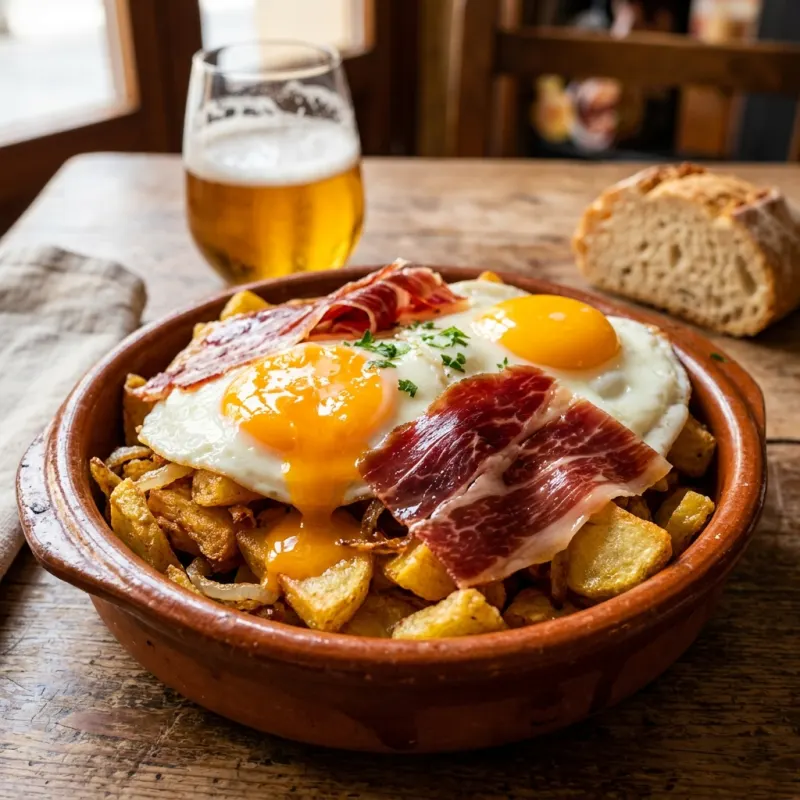 Huevos Rotos con Jamón in a traditional Madrid tavern