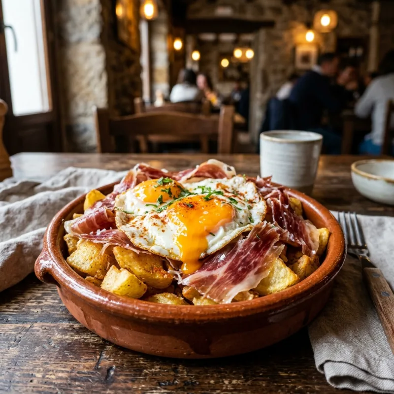 A traditional Spanish dish of Huevos Rotos with fried eggs, potatoes, and Iberian ham