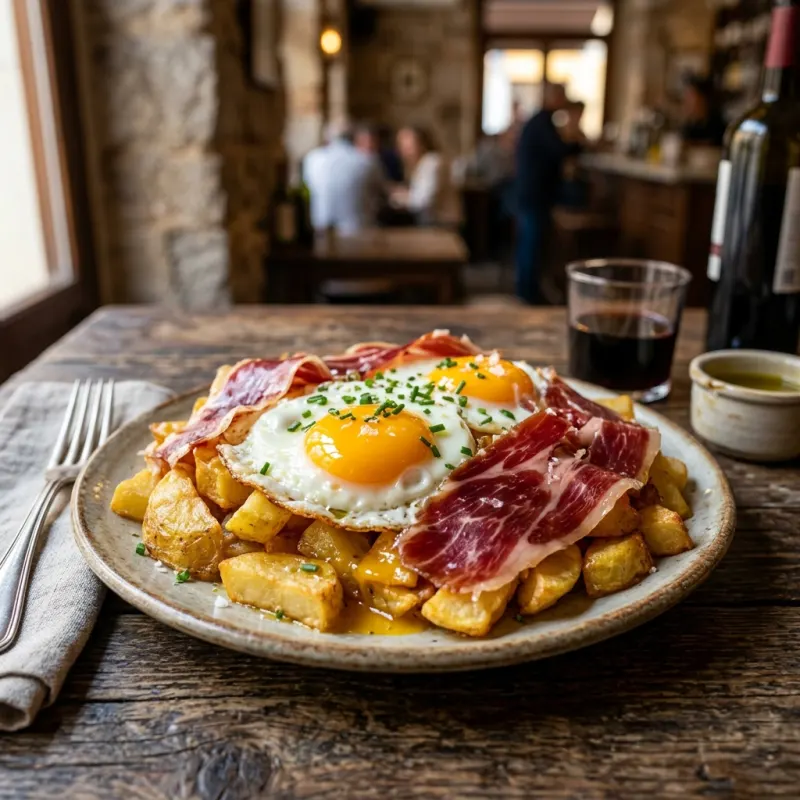 A plate of traditional Spanish Huevos Rotos with Iberian ham