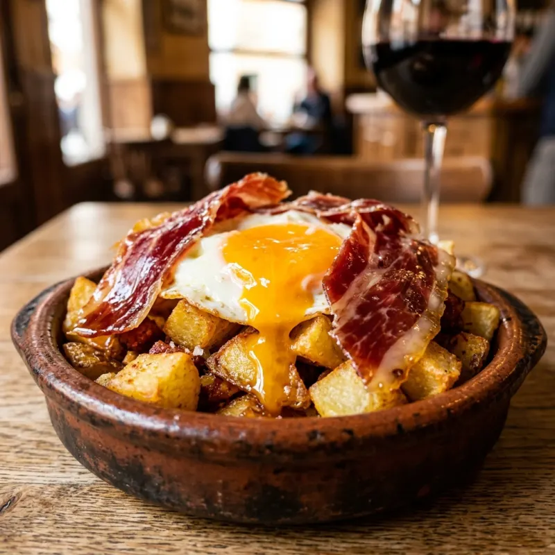 A traditional Spanish dish of Huevos Rotos with fried eggs, potatoes, and Iberian ham