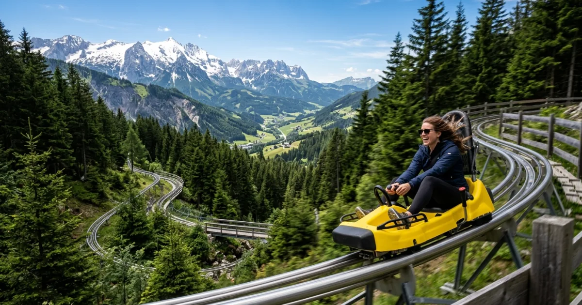 A yellow sled on the Imst Alpine Coaster track in the Austrian Alps