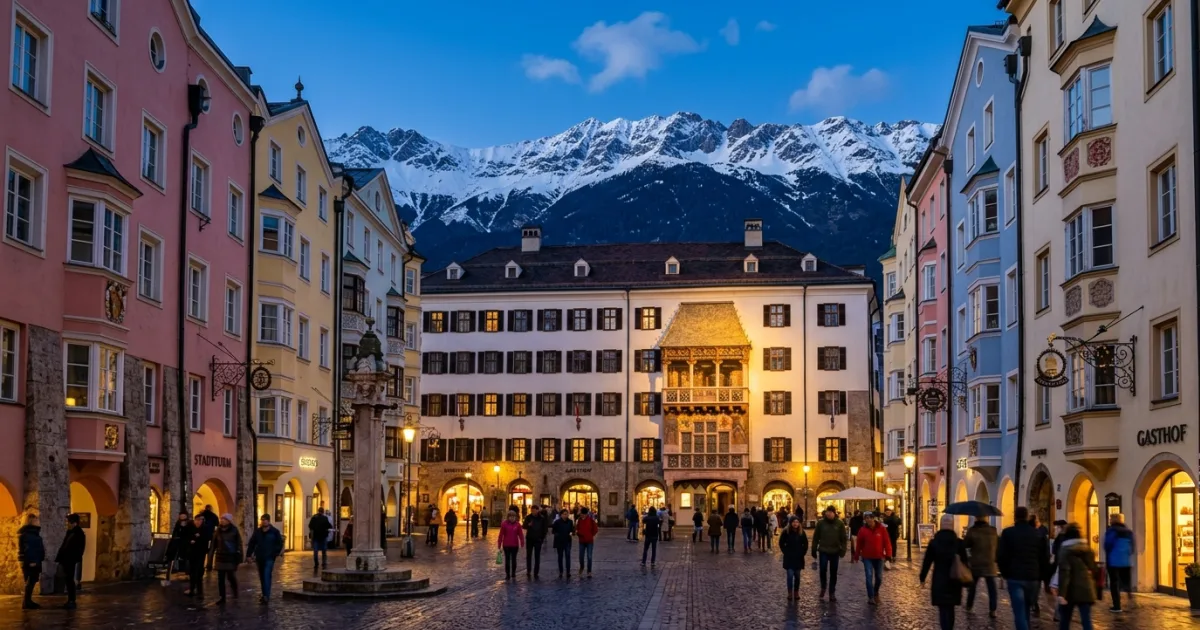 Travel Guides 11 Innsbruck Old Town with the Golden Roof and Nordkette mountains at twilight