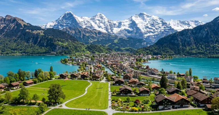 Interlaken 8 Panoramic view of Interlaken between two lakes with the Jungfrau mountain in the background