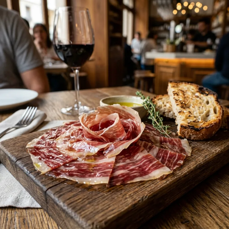 Thinly sliced Jamón Ibérico de Bellota on a wooden board