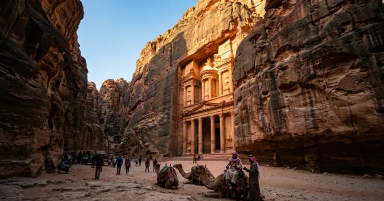 Jordan 9 The Treasury in Petra, Jordan viewed through the narrow Siq gorge