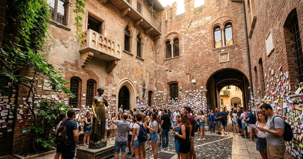 The iconic balcony and courtyard of Juliet's House in Verona, Italy