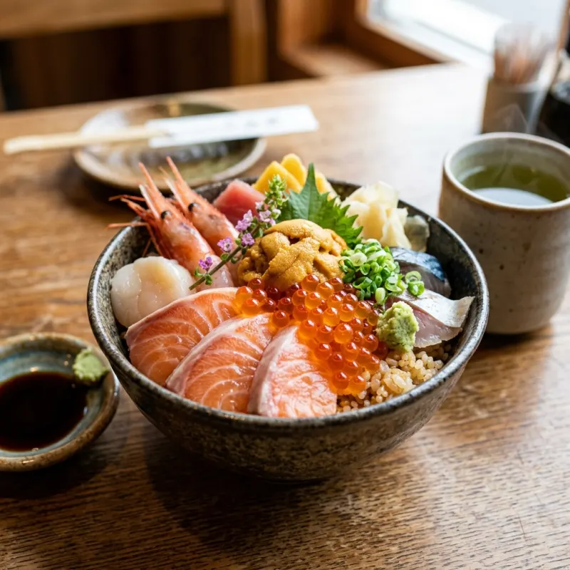 A bowl of Hokkaido Kaisendon topped with fresh sea urchin, salmon roe, and crab