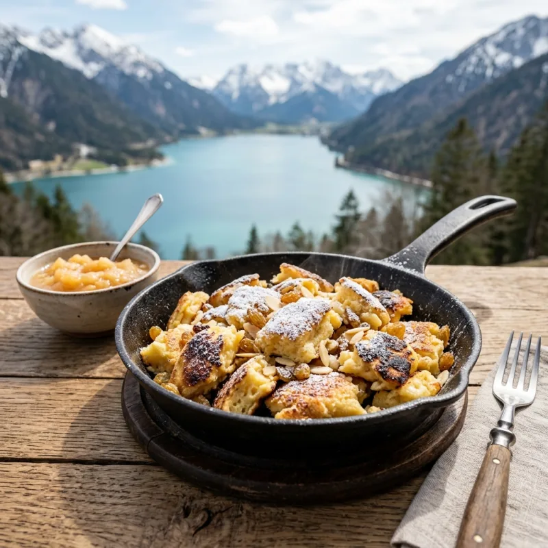 A cast-iron pan of Kaiserschmarrn with apple compote by an alpine lake