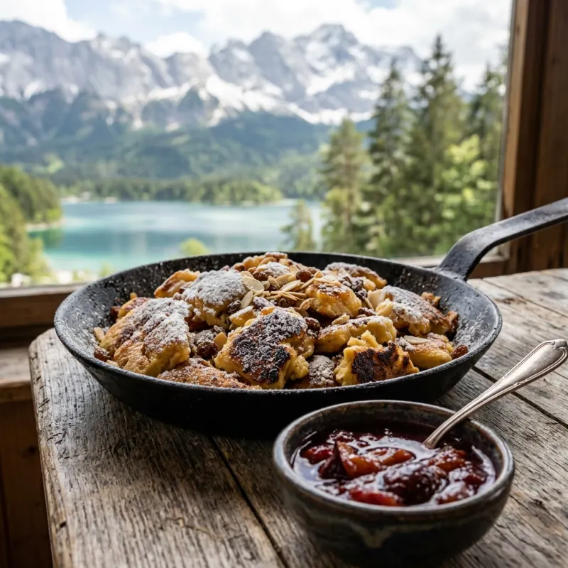 Kaiserschmarrn in a cast iron pan with plum compote