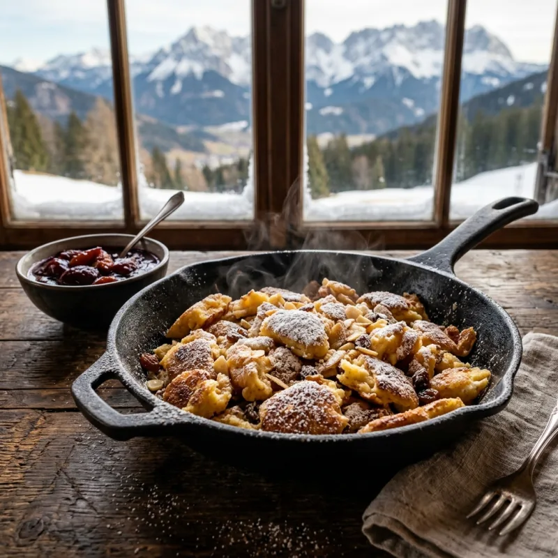Kaiserschmarrn shredded pancake in a skillet