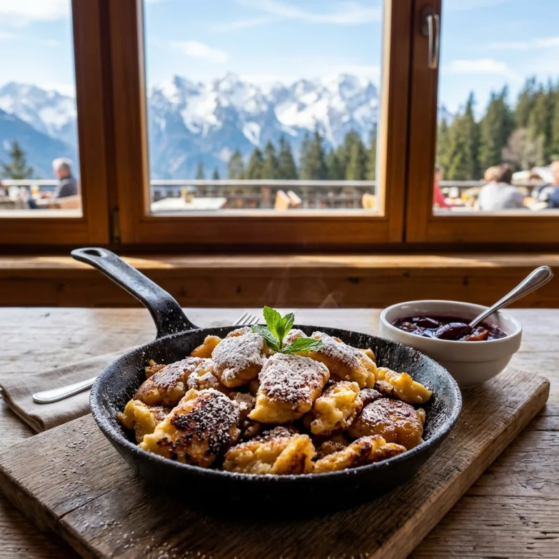 Kaiserschmarrn shredded pancake served in a skillet with plum compote