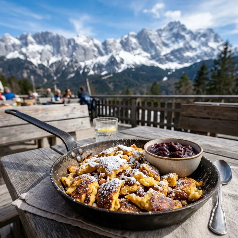 A cast-iron pan filled with Kaiserschmarrn on an alpine terrace