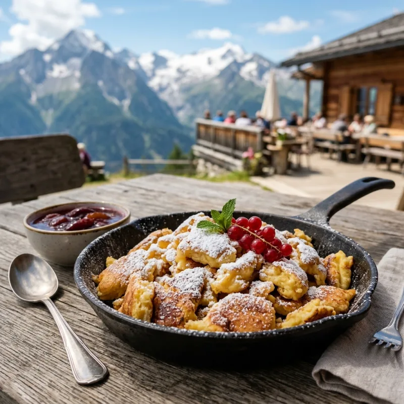 A cast-iron skillet filled with Kaiserschmarrn, a shredded Bavarian pancake, served with plum compote.