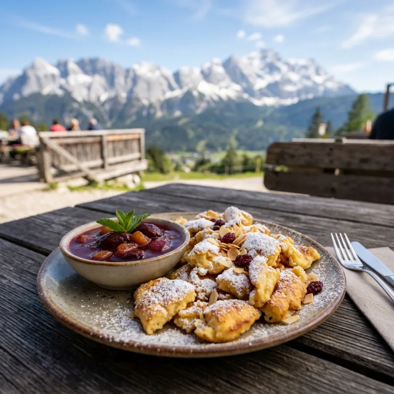 A plate of Kaiserschmarrn on an alpine terrace with mountain views