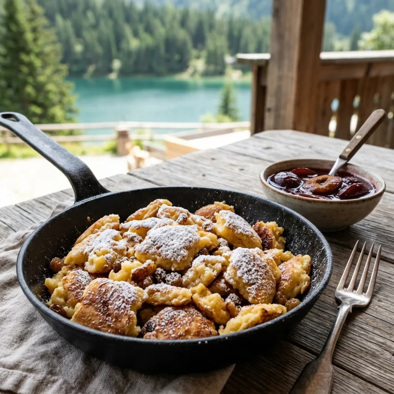 Kaiserschmarrn in a cast-iron pan