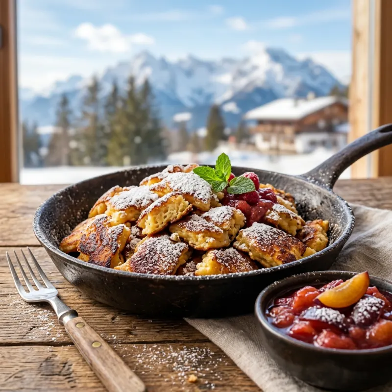 A cast-iron pan filled with Kaiserschmarrn, a traditional Bavarian shredded pancake, dusted with powdered sugar.