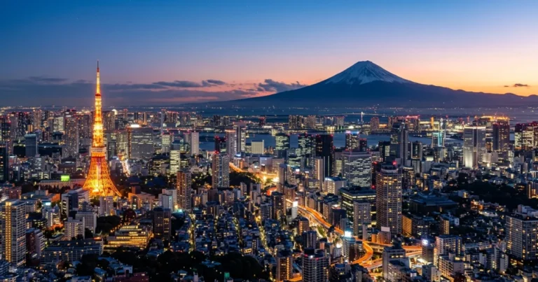 Kanto 5 Wide-angle view of the Tokyo skyline and Mount Fuji at twilight