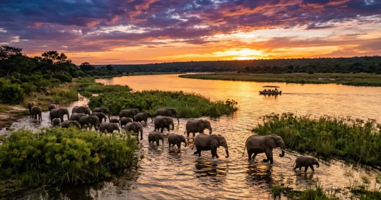Kasane 4 Elephants crossing the Chobe River at sunset in Kasane, Botswana