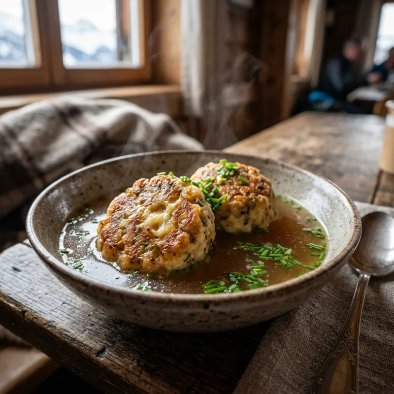 Kaspressknödel in beef broth on a wooden table
