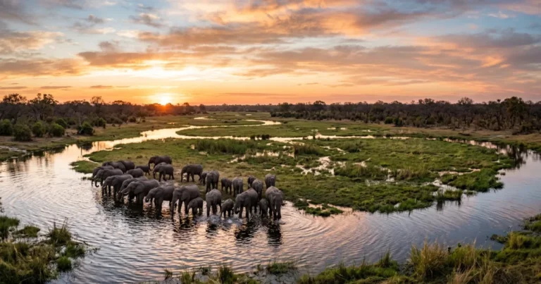 Khwai Concession 4 Elephants drinking from the Khwai River at sunset in Botswana