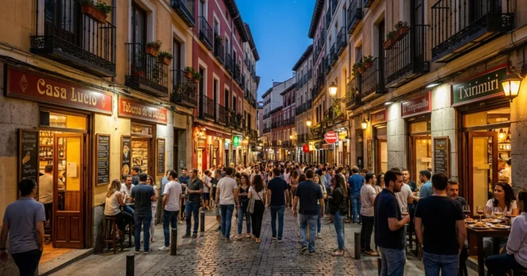 La Latina 1 Lively evening scene on Cava Baja street in La Latina, Madrid, with people enjoying tapas bars