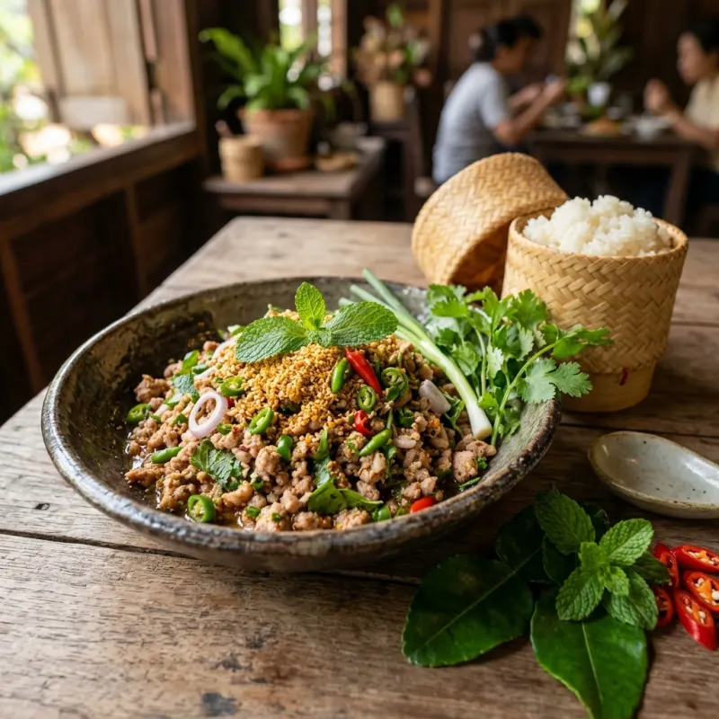 A bowl of traditional Lao Laap salad with sticky rice
