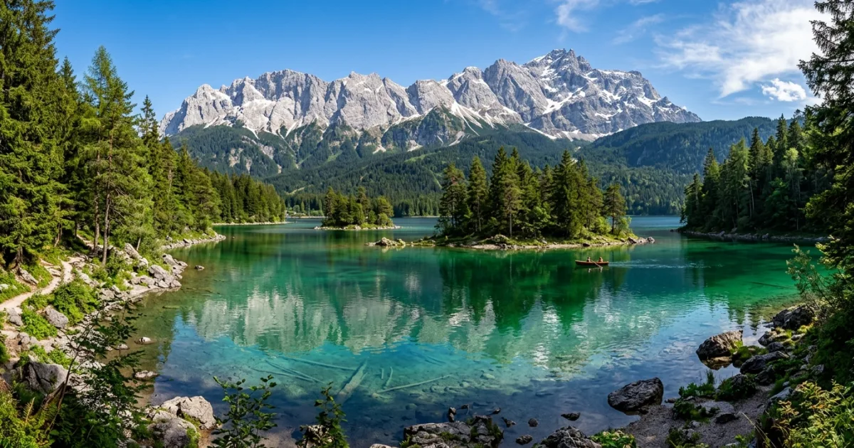 Panoramic view of Lake Eibsee and the Zugspitze mountain