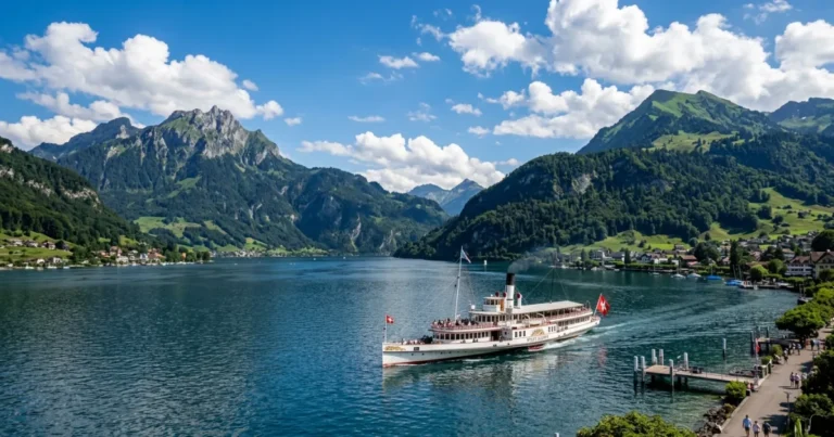 Lake Lucerne 4 A historic paddle steamer sailing on the blue waters of Lake Lucerne surrounded by the Swiss Alps