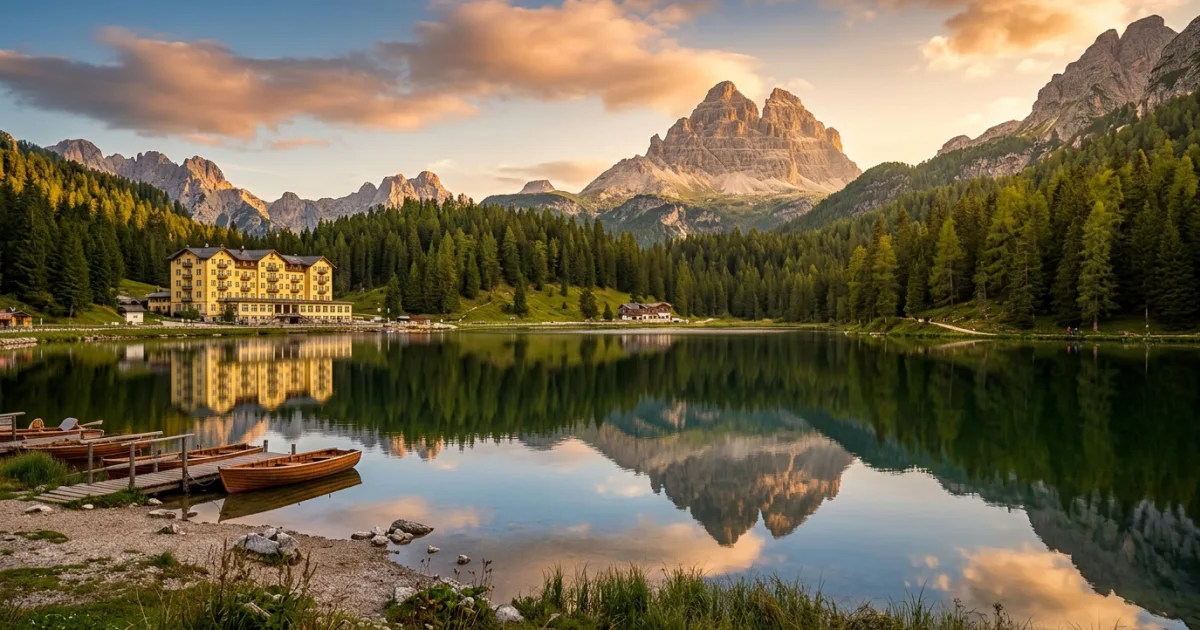 Travel Guides 5 Scenic view of Lake Misurina reflecting the Dolomite mountains at sunset