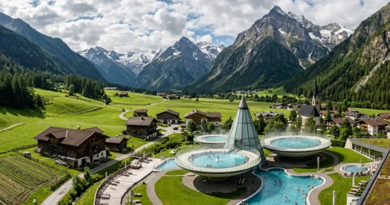 Langenfeld 4 Wide angle view of Langenfeld valley and the Aqua Dome thermal spa in Austria