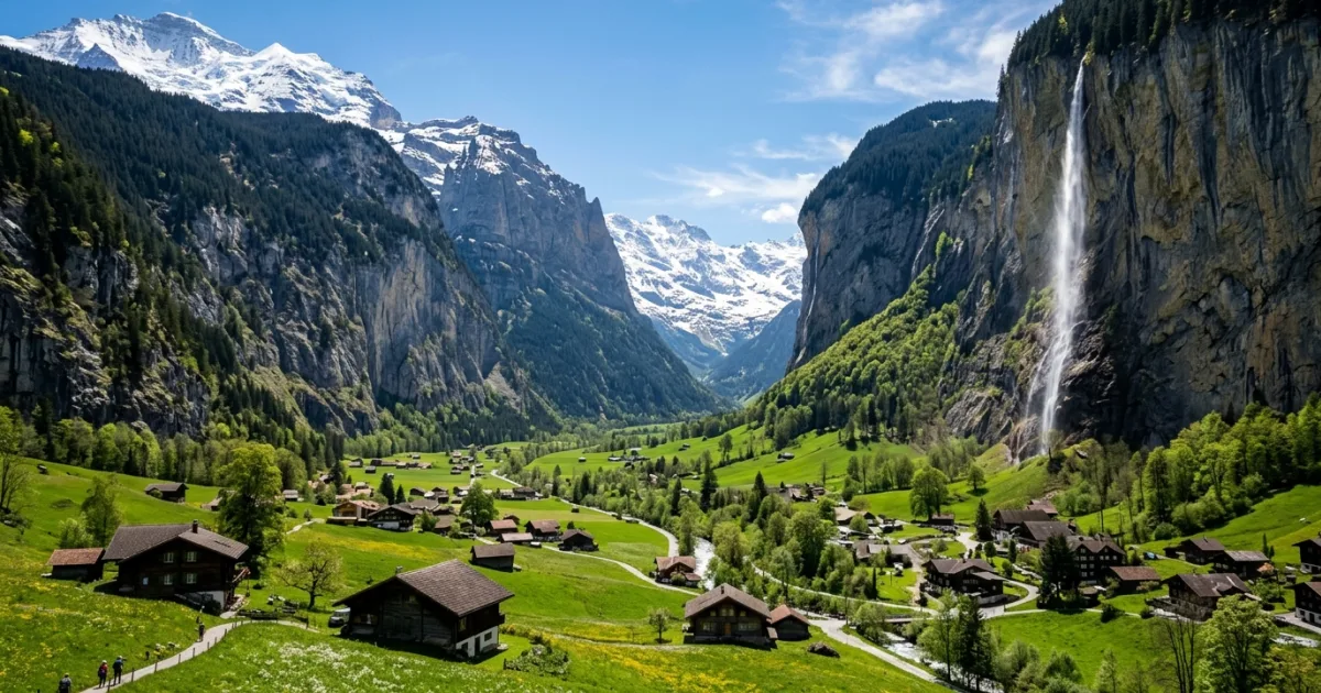 Panoramic view of Lauterbrunnen valley with Staubbach Falls and Swiss chalets