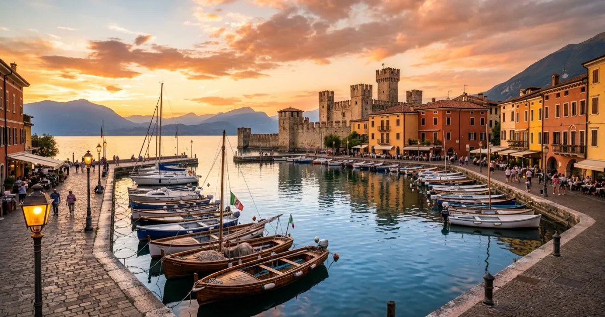 Travel Guides 11 Panoramic view of Lazise Old Town harbor and medieval walls on Lake Garda