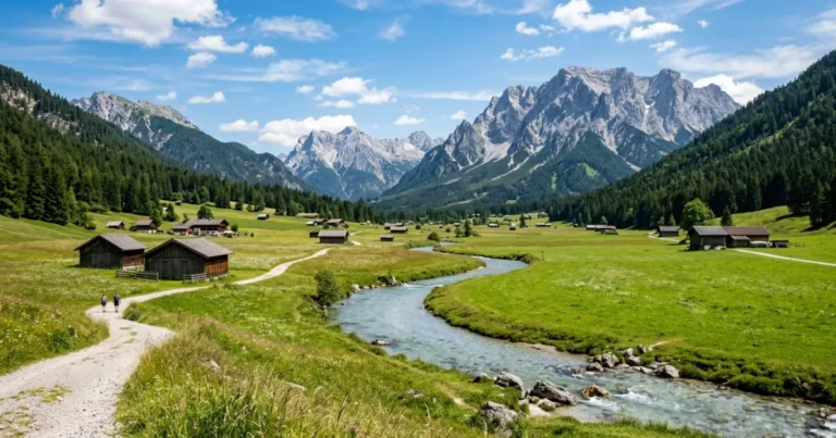 Leutasch Valley 5 Panoramic view of the lush Leutasch Valley and Wetterstein mountains in Tyrol, Austria