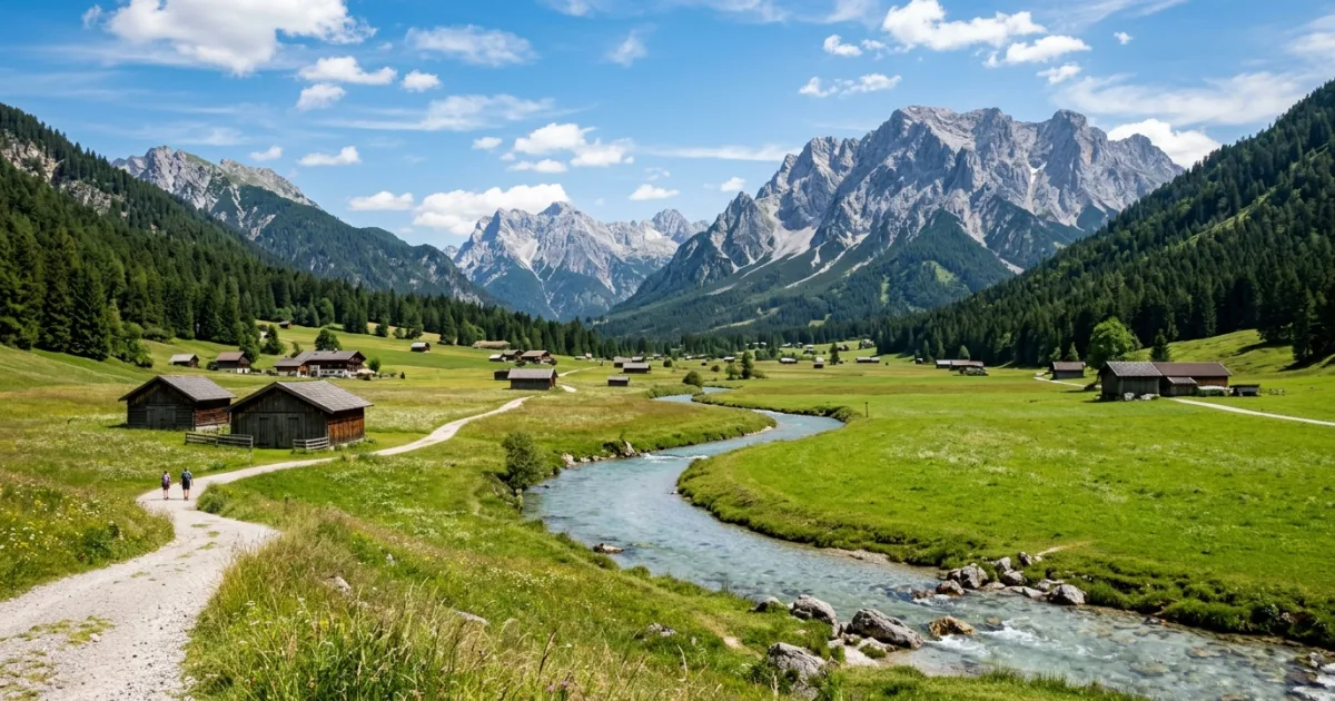 Panoramic view of the lush Leutasch Valley and Wetterstein mountains in Tyrol, Austria